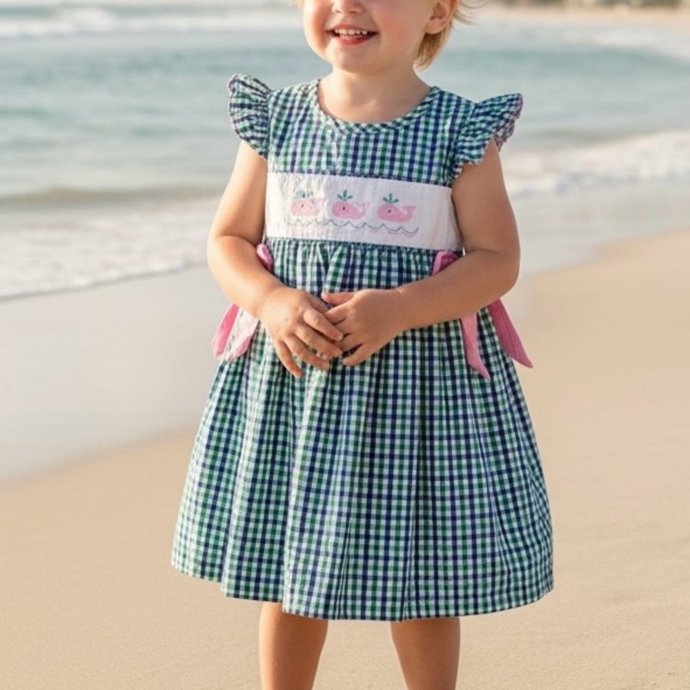 Abby and Evie embroidered whale plaid pinafore dress size 4